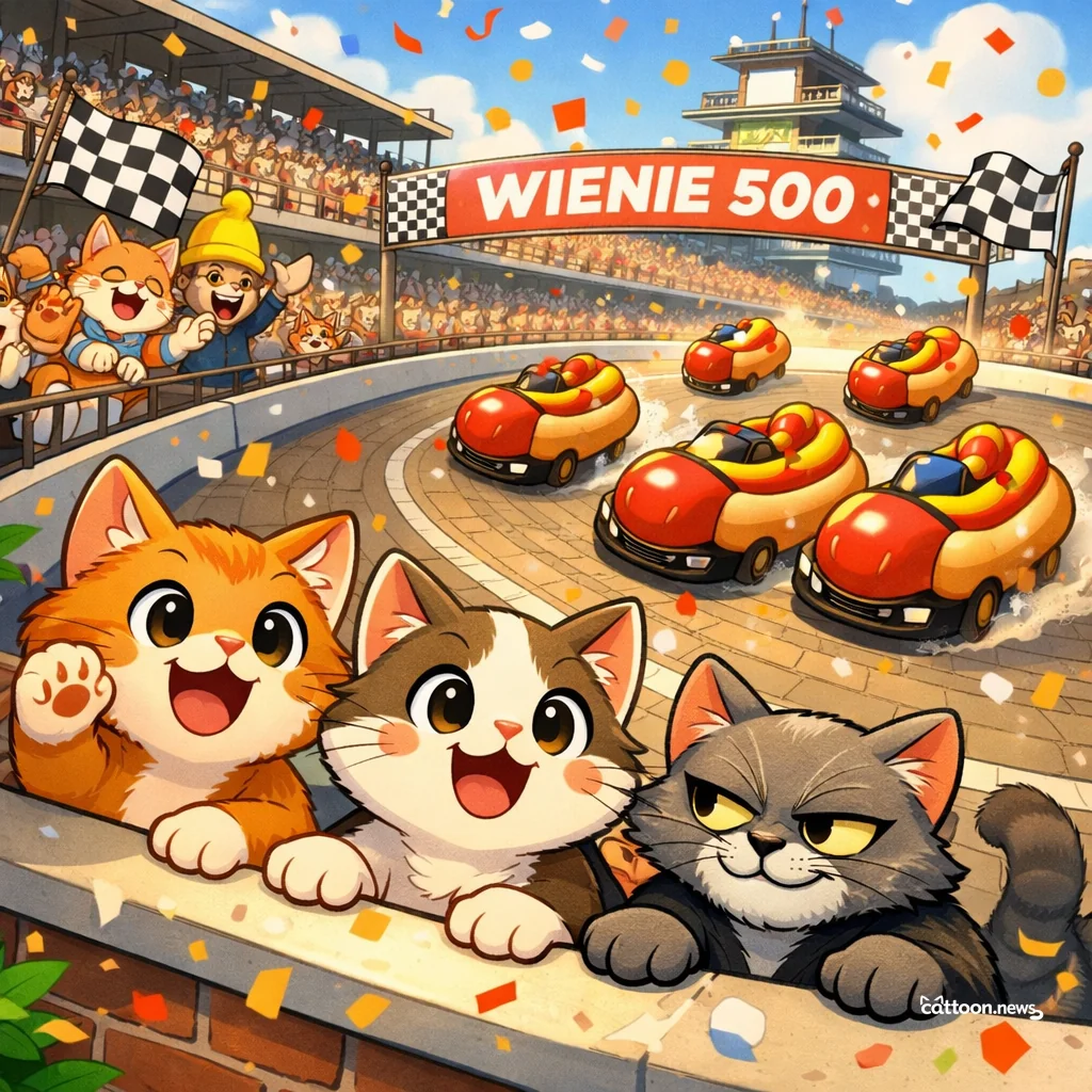 Hot Dogs Race, Humans Cheer—Cats Intrigued! - Cheerful Cat