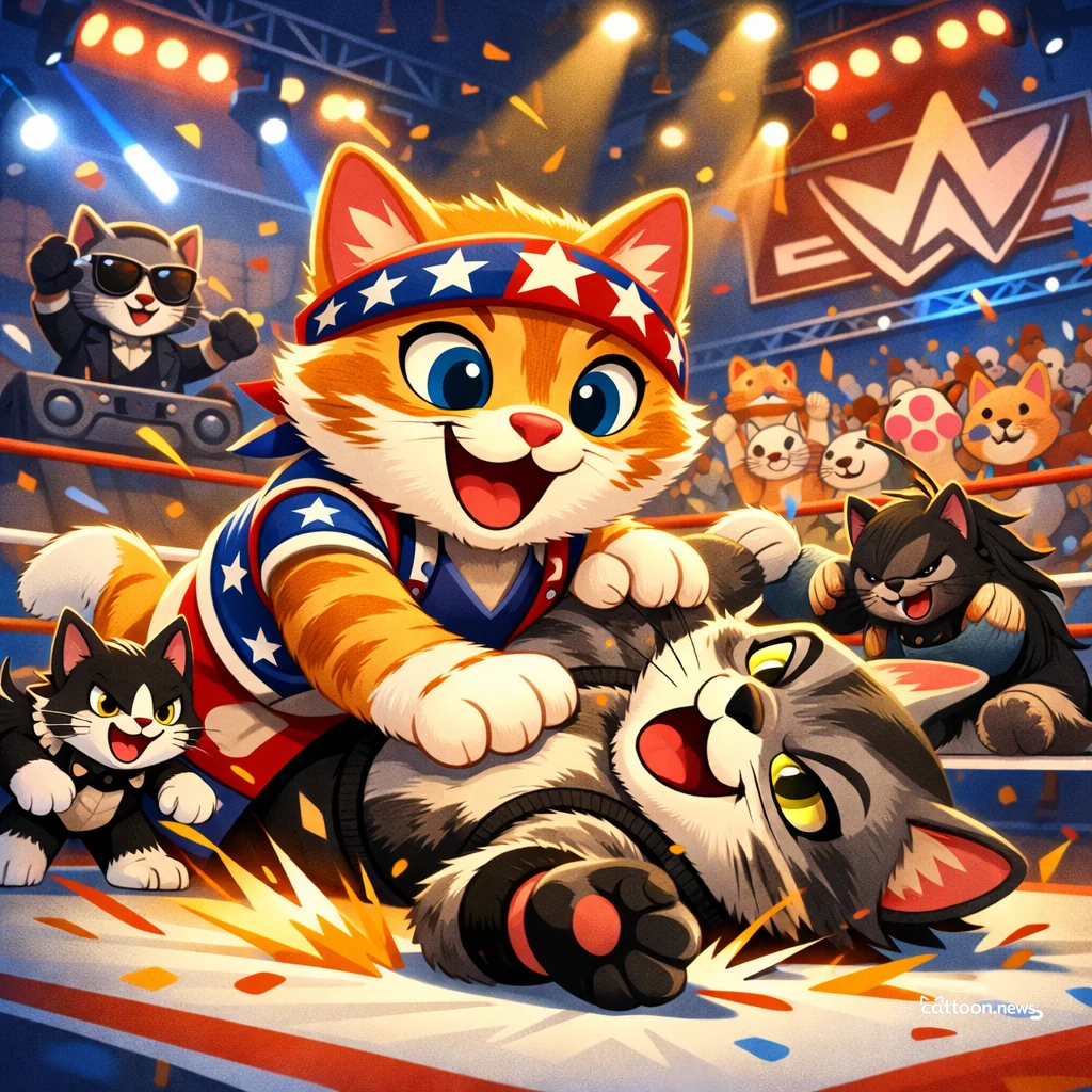 Humans Gather for WrestleMania—Whiskers Twitch in Excitement! - Cheerful Cat