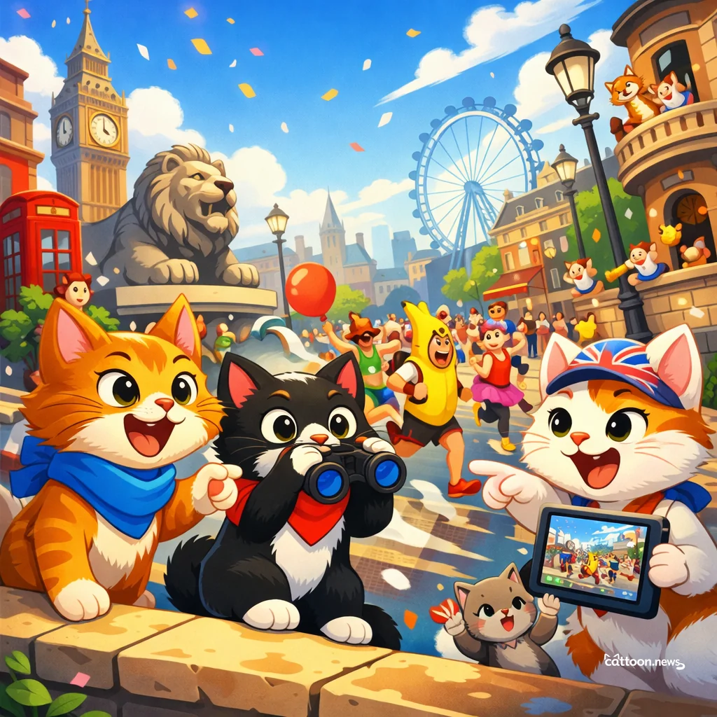 Paws Up! Cats Spy London Marathon Fun Live Online - Cheerful Cat