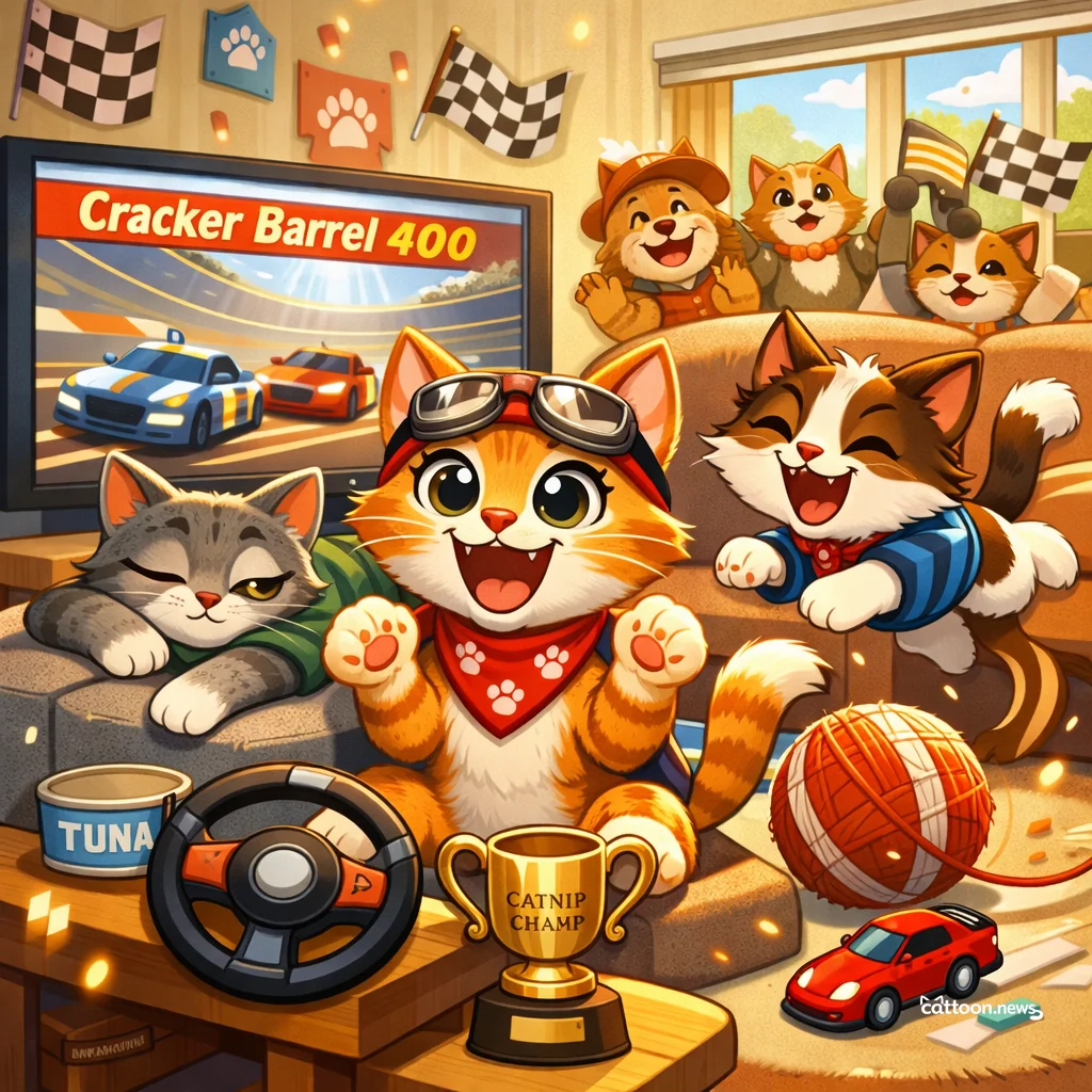 Paws, Claws, and Speed: Cats Spy NASCAR’s Cracker Barrel 400! - Cheerful Cat
