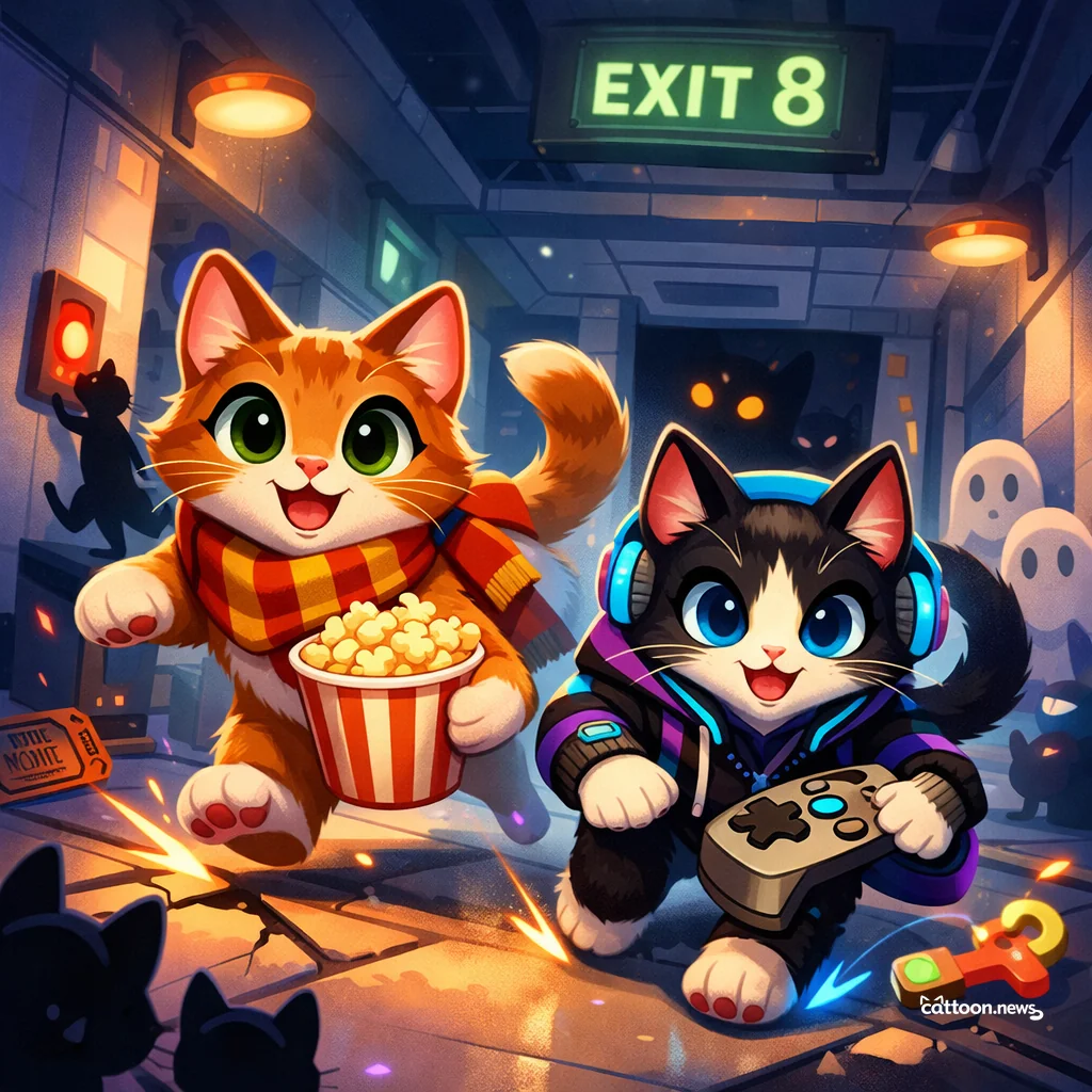 Exit 8: Spooky Screens and Purrs Await! - Cheerful Cat
