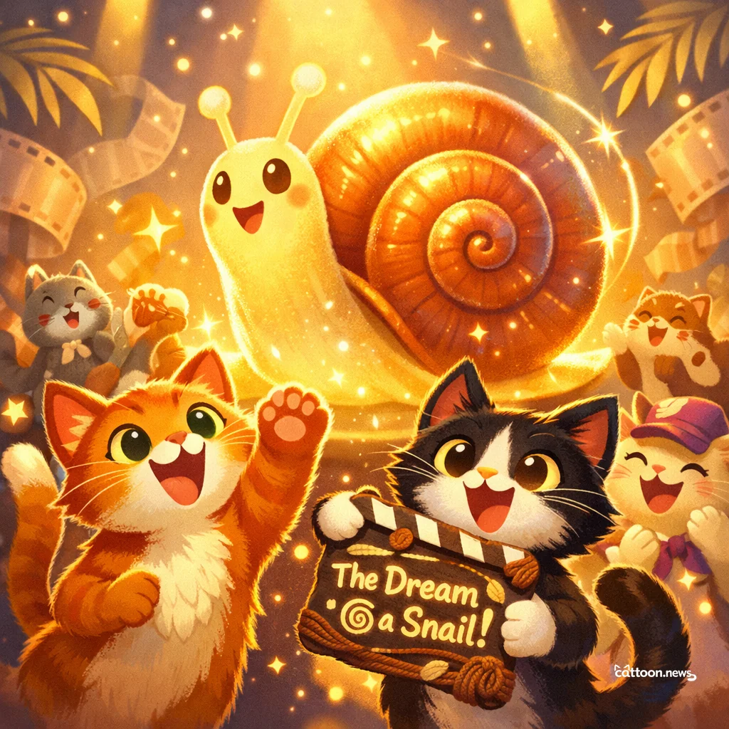 Snail Dreams Big—Cats Curl Up to Watch! - Cheerful Cat